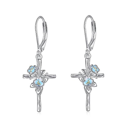 LUHE Sterling Silver Corss/Daisy/Musica Note Dangle Earrings for Women - style: Camellia Cross Earrings