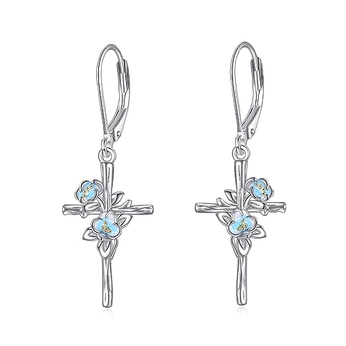 LUHE Sterling Silver Corss/Daisy/Musica Note Dangle Earrings for Women - style: Camellia Cross Earrings