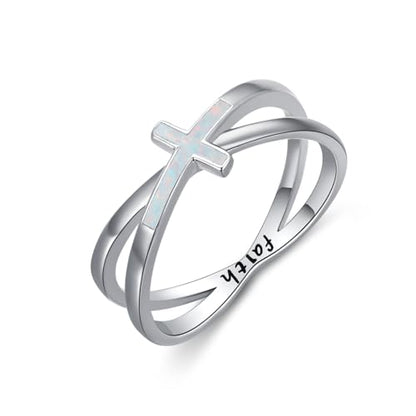 Cross Rings 925 Sterling Silver for Women Christian Religious Jewelry Faith Gifts for Mom Wife Girlfriend Her - color: White-1