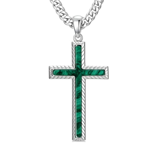 MRENITE Silver Natural Stone Cross Necklace, Classic Latin Cross Pendant Necklace for Unisex Women Man, Vintage Crystal Quartz Cross Necklace with 20+2 Inches Adjustable Cuban Chain - style: Malachite