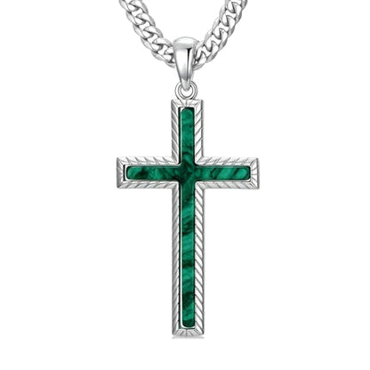 MRENITE Silver Natural Stone Cross Necklace, Classic Latin Cross Pendant Necklace for Unisex Women Man, Vintage Crystal Quartz Cross Necklace with 20+2 Inches Adjustable Cuban Chain - style: Malachite