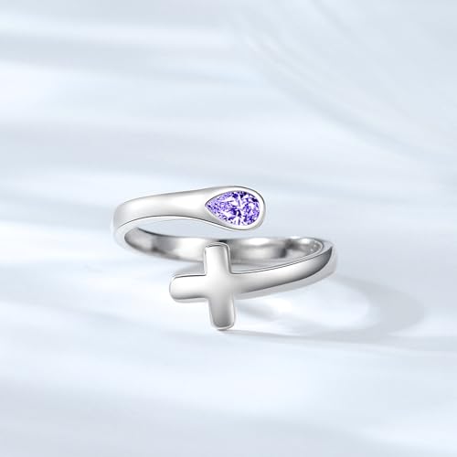 Jinlou Thumb Rings for Women - 925 Sterling Silver Birthstone Open Teardrop Encouragement Adjustable Ring Women Gifts for Teens Mom Birthday Mother's Day St Patricks Day - color: February, style: Cross CZ Ring