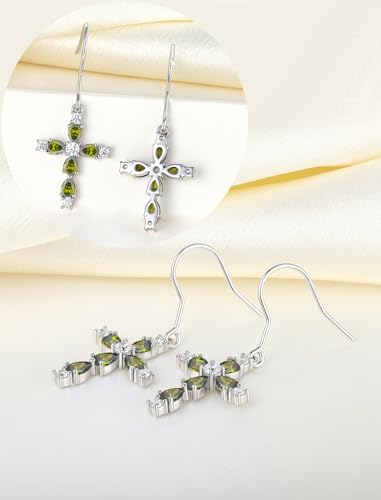 YL 925 Sterling Silver Cross Dangle Earrings Halo Birthstone Hook Earrings Religious Jewelry for Women - color: 8-peridot-Aug