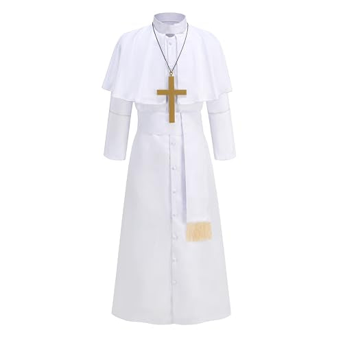 Colorful House Clergy Robe Adult Priest Costume Monk wizard for Men Exorcist Costume Halloween Outfit - color: White, size: Large