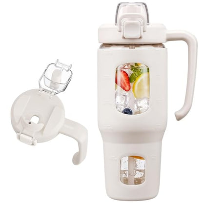 32oz Glass Tumbler with Straw Handle, Reusable Iced Coffee Cup, White - color: White