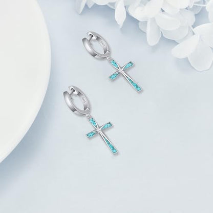 Cross Earrings 925 Sterling Silver Dangle Earring Gifts for Women - style: Hoop Origami Turquoise