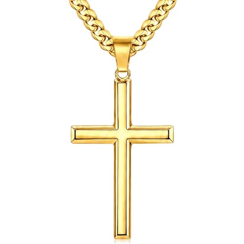 TenKa Cross Necklace for Men, 316L Stainless Steel Mens Cross Necklaces, Bold Silver & Gold Pendant with Waterproof 5mm Cuban Chain 18-30 Inch - color: Gold, size: 26 Inch