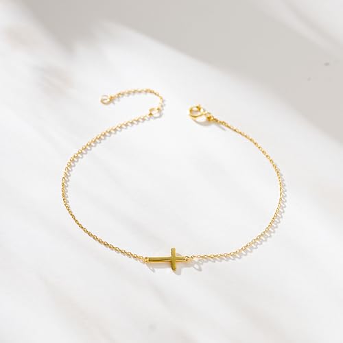 LUCA SMITH 925 Sterling Silver Cross Bracelet for Women Adjustable Stackable Dainty 14K Gold/Silver Cute Tiny Symbolic Cross Pendant Charm Link Chain Faith-Based Jewelry - color: gold