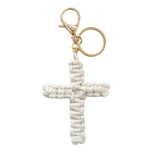 Pingyongchang Handmade Weave Cross Keychain Boho Macrame Jesus Christian Charm Keychain for Women Men - color: White
