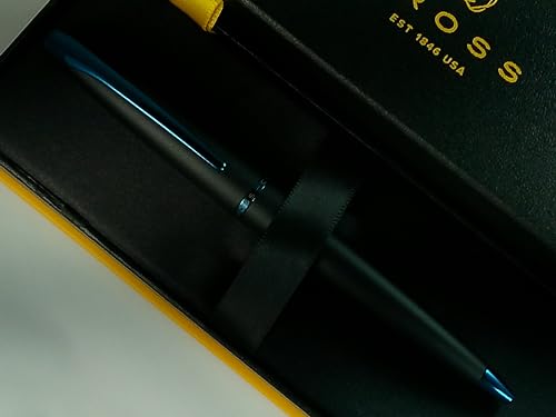 Cross ATX Refillable Special Edition Basalt black Ballpoint Pen signature blue PVD clip, finial, and center band - color: Blue/Black