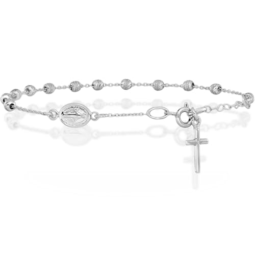 IceCarats 14K White Gold 1mm Cable Chain Virgin Mary Cross Charm Bracelet