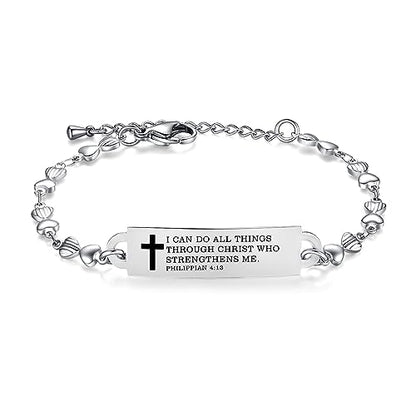 Bible Verse Bracelet-Stainless Steel Scripture Quotes Inspirational Bracelet Faith Christian Bracelet for Women, Christmas gift for women - color: Heart-Silver