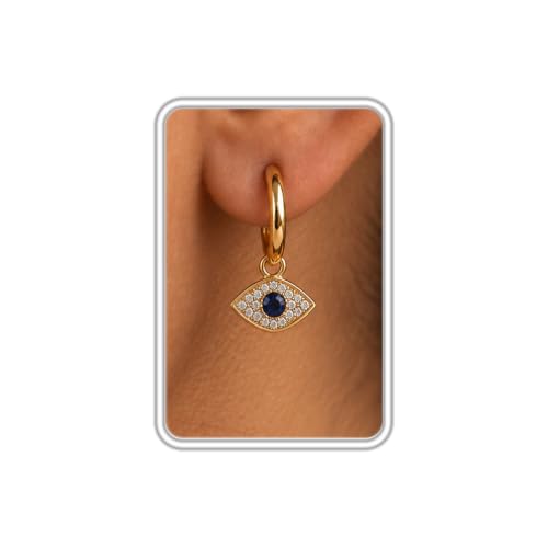 Dangle Earrings for Women, Dainty Huggie Hoop Dangle Earrings - color: Evil Eye 01 Dangle Gold