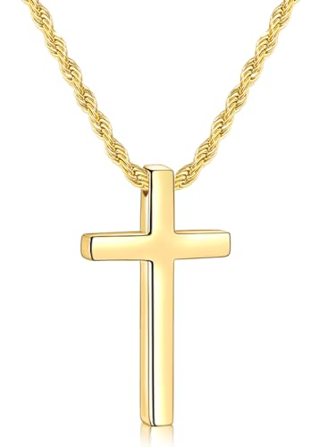 Fiusem Cross Necklace for Men, 2.5mm Rope Chain with Pendant - size: 24 Inch, style: Small gold cross: 1.2" * 0.73"