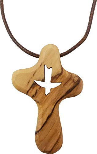 Logos Trading Post Holy Spirit Dove Comfort Cross, Wooden Cross Necklace for Men & Women, Certified Holy Land Olive Wood Orthodox Pendant Necklace from Bethlehem Israel