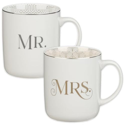 Christian Art Gifts Inspirational Novelty Ceramic Coffee & Tea Mug Set for Husbands & Wives: Mr. & Mrs. Encouraging Scripture, Weddings, Anniversaries, White/Silver/Gold, Pack of Two Large 14 oz. Cups