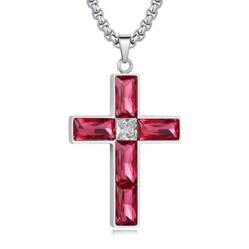 Cross Necklace for Men 316L Stainless Steel Birthstone Pendant - color: Ruby Red-S