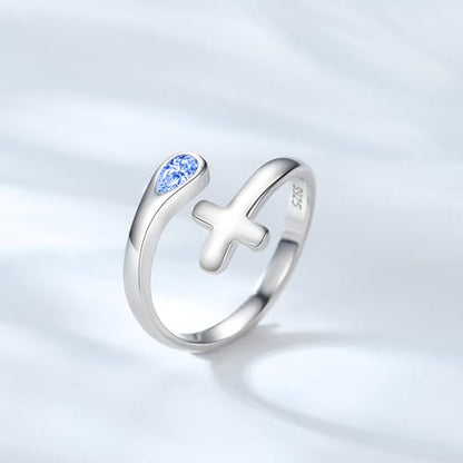 Jinlou Thumb Rings for Women - 925 Sterling Silver Birthstone Open Teardrop Encouragement Adjustable Ring Women Gifts for Teens Mom Birthday Mother's Day St Patricks Day - color: December, style: Cross CZ Ring