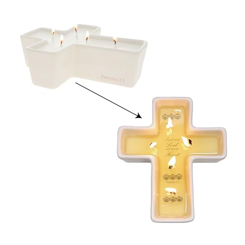 Pavilion Gift Company - Trust in The Lord with All Your Heart - Proverbs 3:5-12oz 100% Soy Wax Candle 5 Wick Candle - Cross Surprise Message Wax Reveal - Jasmine Scented Religious Gift Home Decor