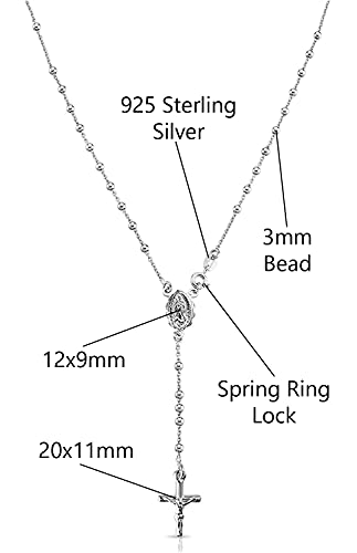 Savlano 925 Sterling Silver Italian Solid Bead Chain Cross & Rosary Virgin Mary Pendant Y Necklace Comes With Gift Box for Women - Made in Italy - style: 3MM