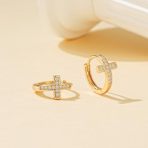LOYATA Gold Cross Earrings for Women-14K Gold Plated Small Hoop Huggie Earrings Dainty Trendy CZ Cross Hoop Earring Cute Hypoallergenic Hoops Jewelry Gifts for Women Mothers Day Gifts for Mom - color: CZ