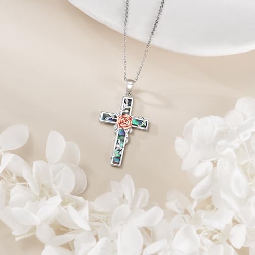 YFN Cross Necklace Sterling Silver Religious Cross Pendant Jewelry Christian Gifts for Women Men - style: F. Rose Flower