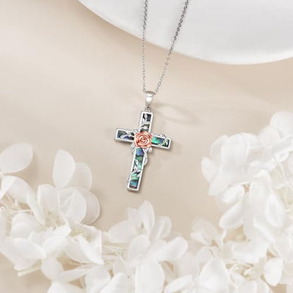 YFN Cross Necklace Sterling Silver Religious Cross Pendant Jewelry Christian Gifts for Women Men - style: F. Rose Flower