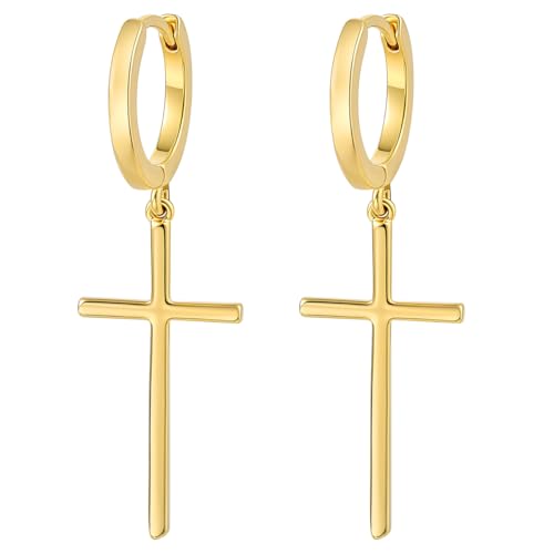 14K Gold Cross Hoop Earrings for Women Dangle Huggie Earrings