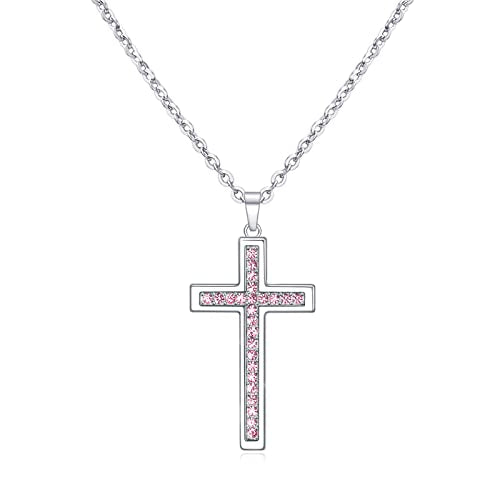 Baptism Cross Necklace for Women,First Communion Cross Necklaces Jewelry Gifts for Women - color: Birthstone 10-October-Pink