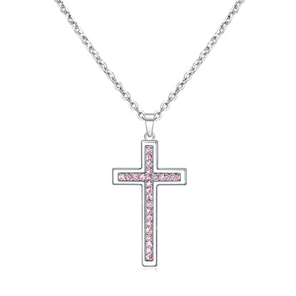 Baptism Cross Necklace for Women,First Communion Cross Necklaces Jewelry Gifts for Women - color: Birthstone 10-October-Pink