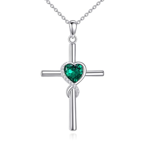 S925 Sterling Silver Cross Necklace for Women Birthstone Necklace Heart Infinity Cross Pendant Necklace Christmas Valentines Day Gifts Birthday Holiday Gifts for Her, 18"+2" Inches - color: 05-May Birthstone - Emerald