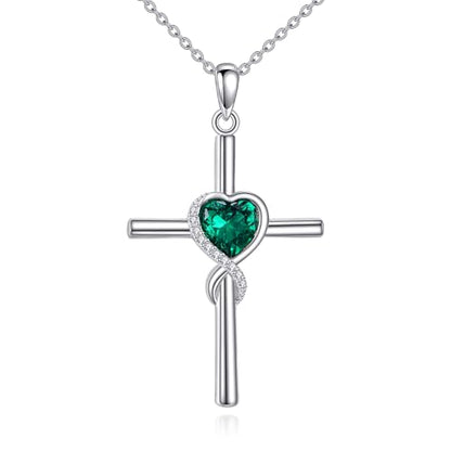 S925 Sterling Silver Cross Necklace for Women Birthstone Necklace Heart Infinity Cross Pendant Necklace Christmas Valentines Day Gifts Birthday Holiday Gifts for Her, 18"+2" Inches - color: 05-May Birthstone - Emerald