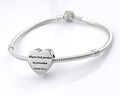 Heart Charm Fit Pandora Charms Bracelet Christian Bible Verse Charm Prayer Faith Religious Charms Gifts for Women - style: Where God guides he provides Isaiah 58:11