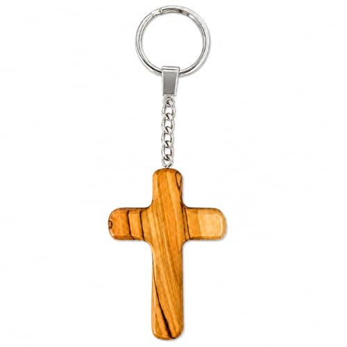 Bethlehem Olive Wood Cross Keychain – Handmade Holy Land Christian Wooden Key Ring Religious Gift