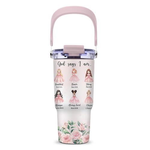 Christian Gifts for Girls, God Says I Am Princess Tumbler with Top Handle and Flip Straw Lid 20oz Stainless Steel Insulated Travel Cups, Inspirational Religious Birthday Gifts for Girls Catholic - color: Christian Princess01
