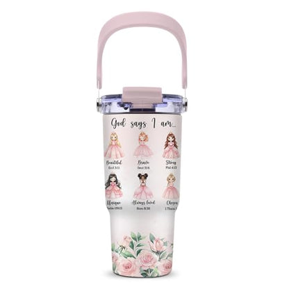 Christian Gifts for Girls, God Says I Am Princess Tumbler with Top Handle and Flip Straw Lid 20oz Stainless Steel Insulated Travel Cups, Inspirational Religious Birthday Gifts for Girls Catholic - color: Christian Princess01