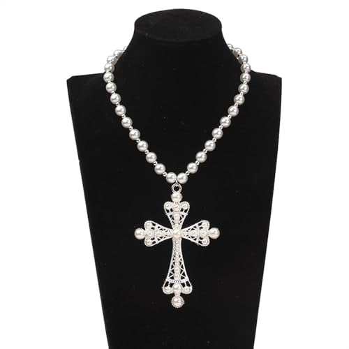 Pearl Cross Necklace Big Cross Pendants Necklaces for Women Chunky Pearl Necklace Gothic Cross Necklace Punk Vintage Cross Jewelry Women - style: Silver