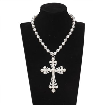 Pearl Cross Necklace Big Cross Pendants Necklaces for Women Chunky Pearl Necklace Gothic Cross Necklace Punk Vintage Cross Jewelry Women - style: Silver