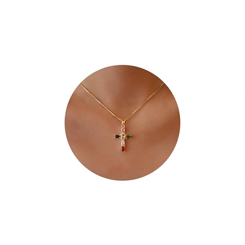 Gold Cross Necklace for Women, 14K Gold Plated - style: colorful zircon
