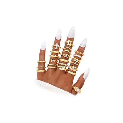 Gold Stackable Rings Set for Women, Gold Plated Chunky Crystal Finger Rings - color: Gold Eye