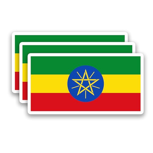 (3Pcs) Ethiopia Flag Sticker – Ethiopian Stickers National Flags Waterproof Vinyl Decals for Laptop, Water Bottle, Scrapbook, Phone Case, Luggage, Hard Hat, Helmet, 3" x 1.6" - color: Ethiopia