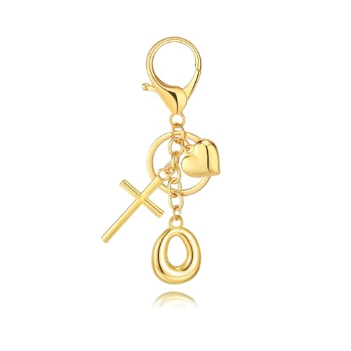 Initial Bag Charms Keychains Women, Cross Cute Heart Letter Key Chain Purse Backpack Handbags Keychain Christian Gift - color: Gold O