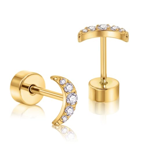 XUU 20G Flat Back Stud Earrings ASTM F136 Titanium & Sparkling CZ - color: gold moon