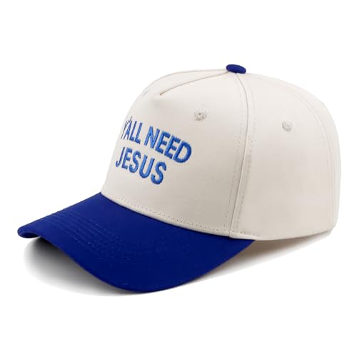 Embroidered Christian Two-Tone Baseball Cap for Men & Women, Adjustable Dad Hat Christmas Easter Gift - color: Y'all Need Jesus, Navy Blue/Beige