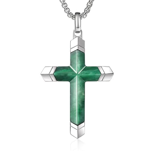 Lapis Lazuli/Amethyst Cross Necklace for Men Waterproof and Sweat-Resistant Suitable for both men and women With Adjustable Box Chain Christian Jewelry Father Day Gifts for Men - color: Green&Silver