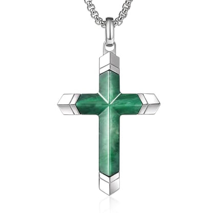 Lapis Lazuli/Amethyst Cross Necklace for Men Waterproof and Sweat-Resistant Suitable for both men and women With Adjustable Box Chain Christian Jewelry Father Day Gifts for Men - color: Green&Silver