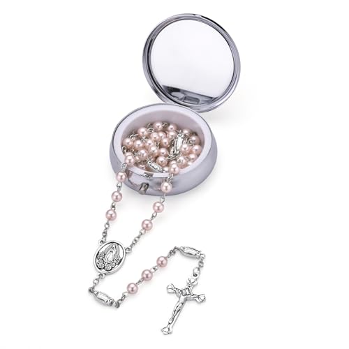 Guadalupe Rosary Beads for Women with Metal Box and 18pcs Holy - color: Pink