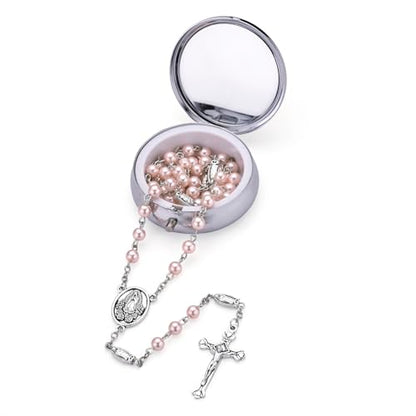 Guadalupe Rosary Beads for Women with Metal Box and 18pcs Holy - color: Pink