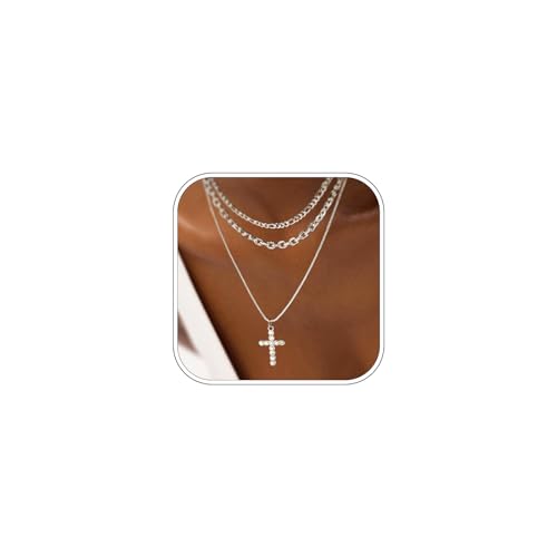 Sterling Silver Cross Necklace for Women Girls Dainty Gold Necklace Stack Non Tarnish Layered Necklaces CZ Cross Pendant Choker Figaro Box Chain Link Layering Stackable Necklaces Trendy Jewelry Gift - color: Sterling Silver