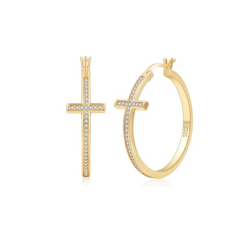 LOUMILEO Sterling Silver Cross Hoop Earrings for Women Rhinestone 20-40MM - color: Gold 40MM